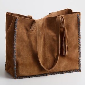 World Market Large Tan And Charcoal Stitch Suede Tote Bag